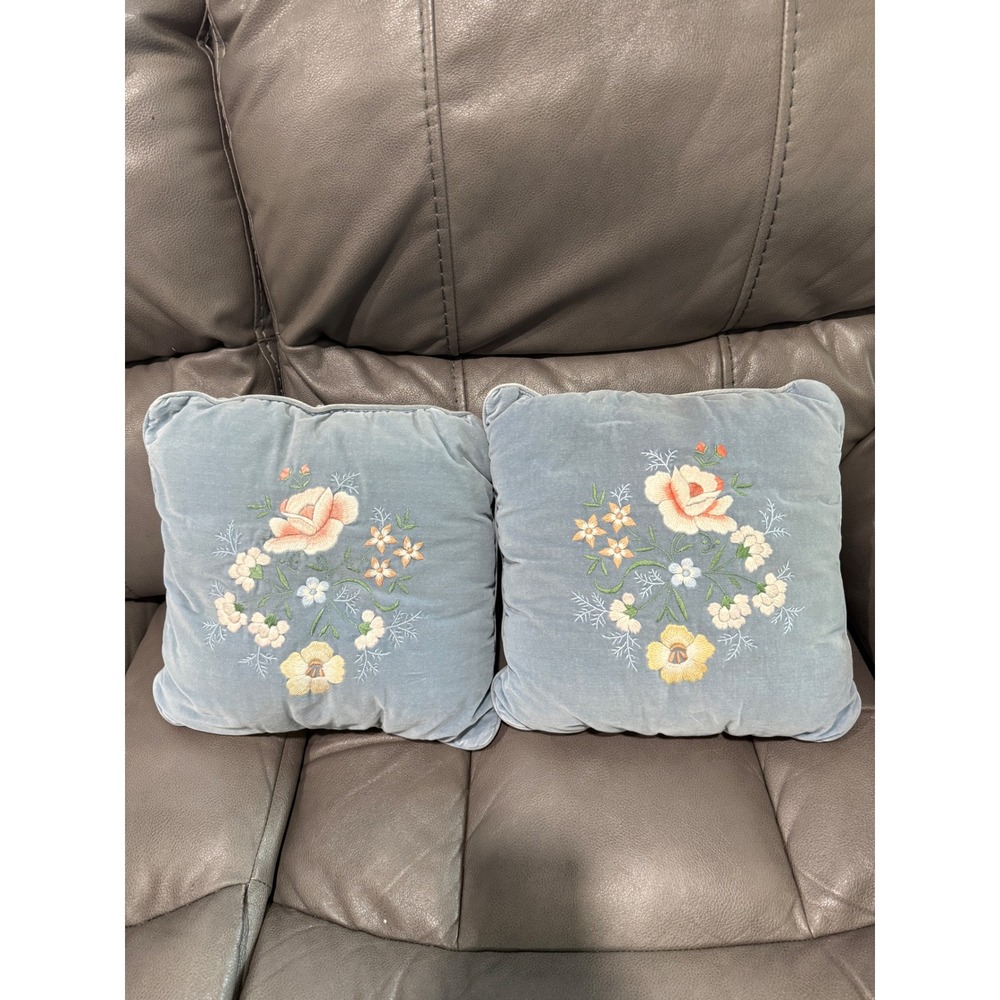 Set of 2 Embroidered‎ Floral Throw Pillows Light Blue Velvet Cottagecore Accent